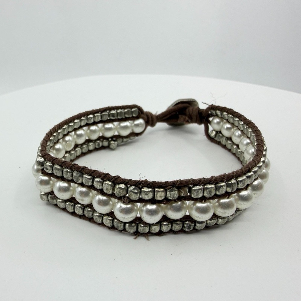 White Faux Pearl Silver Tone Beaded Brown Cord Wrap Bracelet Boho Button Cuff